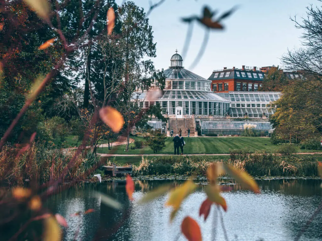 Botanischer Garten Kopenhagen Ein Teich mit einem Gewächshaus und Bäumen.