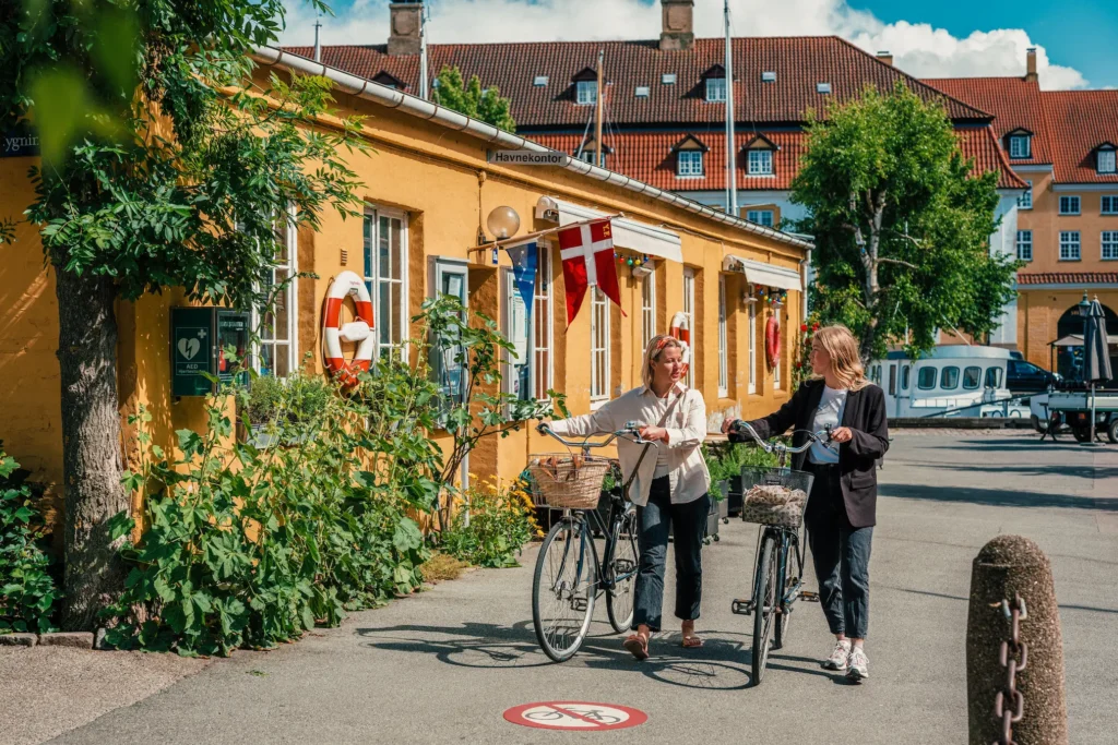 Stadt Kopenhagen Zwei Frauen schieben ihr Fahrrad in der Stadt.