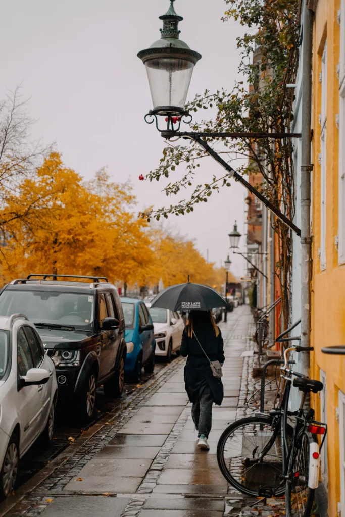 Parken Kopenhagen Autos parken an einem Straßenrand. Es regnet und eine Person spaziert im Regen.